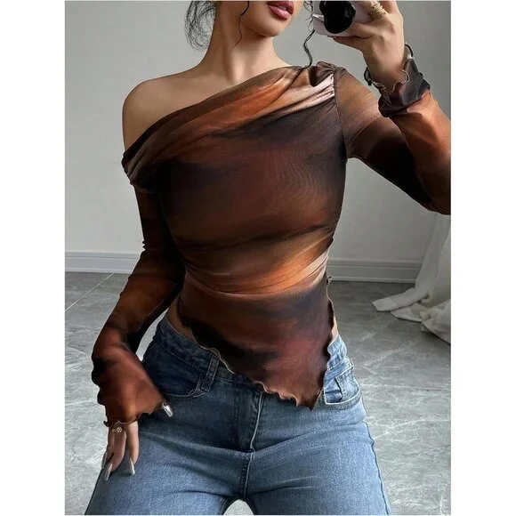 Women's Tie Dye Mesh Off Shoulder T Shirt Long Sleeve Ruched Fitted Tee - Picture 5 of 5